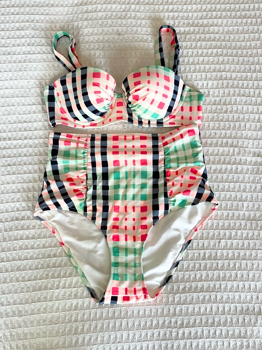 aerie Pink, Mint & Black Plaid High-Waist Swim Bikini medium 32C